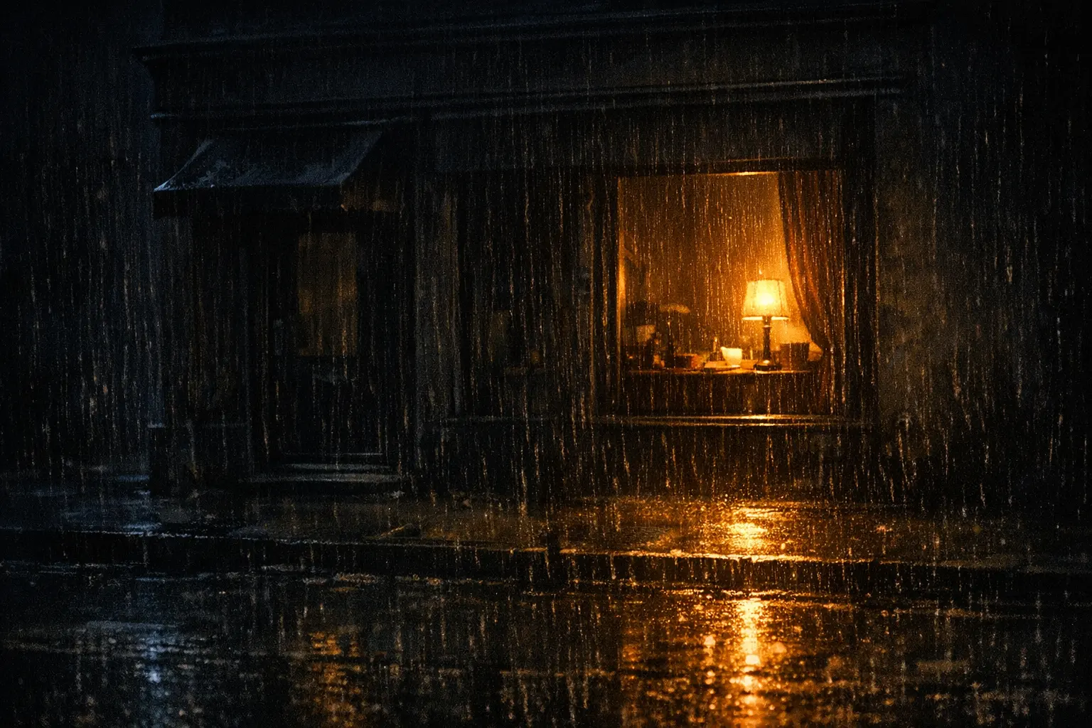 A small business at night in heavy rain, dark except for one warm lamp burning in the window and its light spilling across the wet footpath.